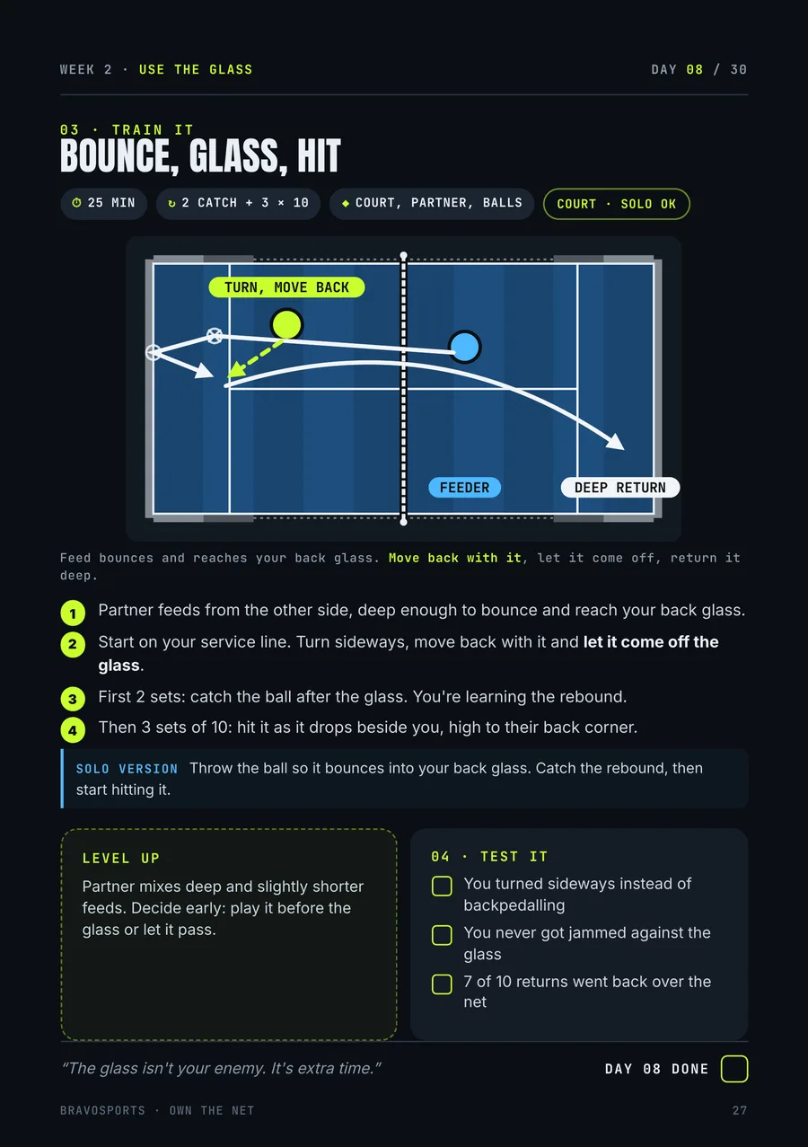 Day 08 drill: Bounce, Glass, Hit with court diagram, solo version, level up and test